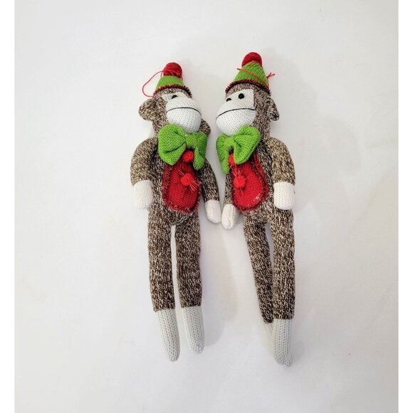 Sock Monkey Ornaments With Green Christmas Hats & Bow Ties, Set of Two - Picture 4 of 6
